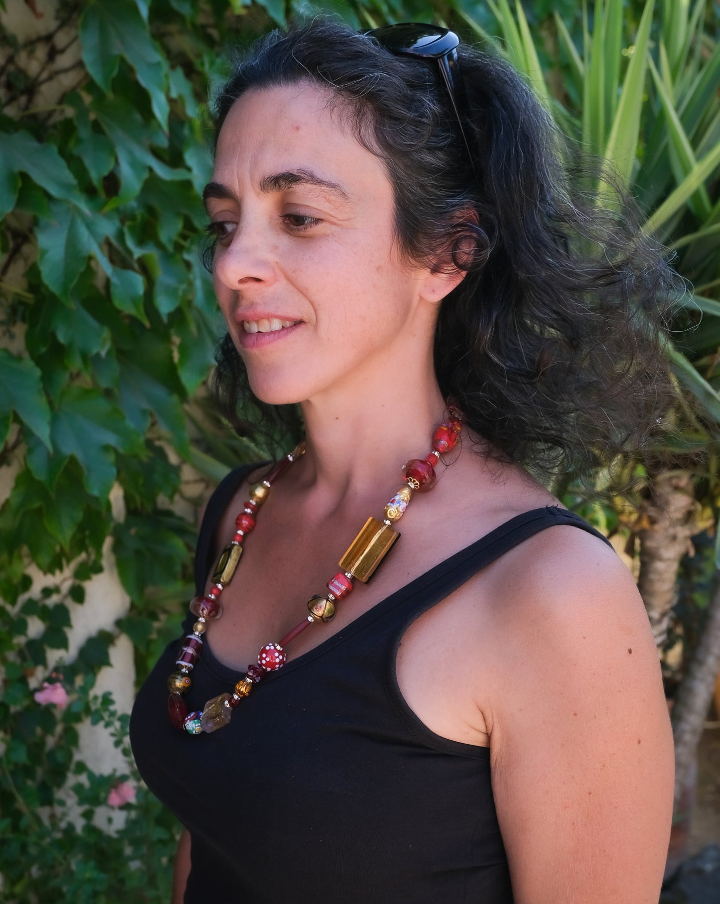 Collier élégant en verre de Murano rouge et jaune